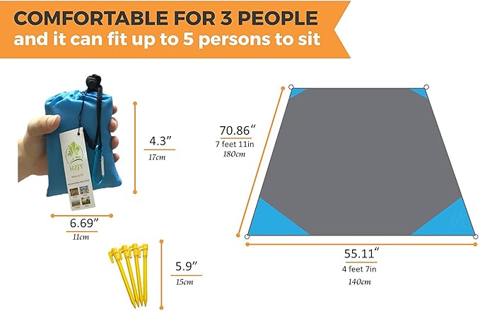 Outdoor Blanket (71" x 55") -Compact, Lightweight, Sand Proof Pocket Blanket Best Mat for The Beach, Hiking, Travel, Camping, Festivals with Pockets, Loops, Stakes, Carabiner