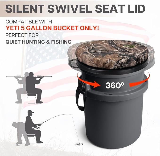 5 Gallon Bucket Seat for Yeti Bucket Only, Swivel Bucket Lid with Padded Top for Cozy Sitting, Bucket Seat Cushion for Outdoor Fishing,Hunting,Gardening, Baseball Training, Camo Leaves