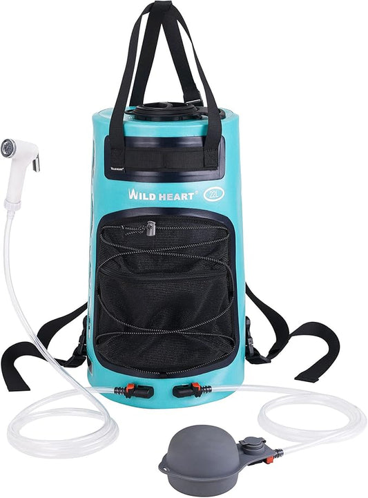WILD HEART Camping Shower, 5.8 Gallons/22L Portable Camp Shower Bag with Upgraded Screw Lid, Water Level Window, Pressure Foot Pump, and Handy Nozzle, Solar Shower for Beach Camping Hiking Trip