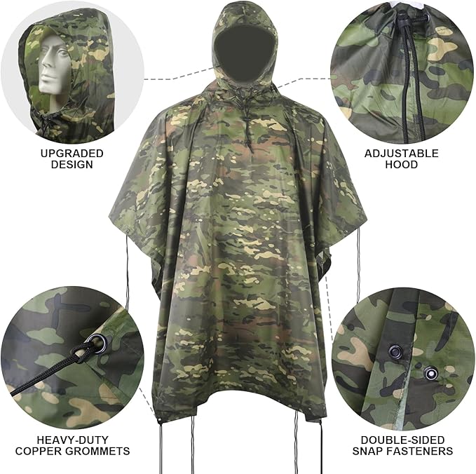 Camo Rain Poncho, Multi Use Waterproof Rain Coat