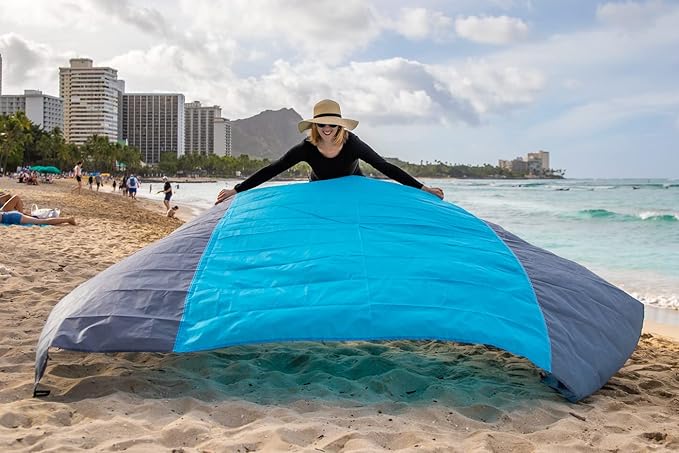 Sand Free Beach Blanket, Large Beach Mat, Water Resistant Mat Quick Drying, Lightweight & Durable with 4 Stakes & 4 Corner Pockets, Compact for Travel, Camping, and Hiking