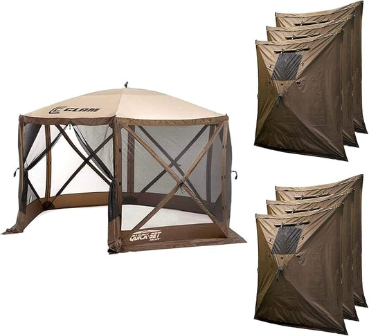CLAM Pop Up Screen Tent & Shelter, Outdoor Camping Gazebo w/ 6 Wind Panels, 11.5', Brown