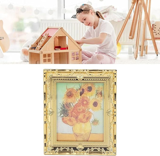 CHICIRIS Miniatures Art Painting, Gold Frame Miniatures Oil Painting Beautiful for Kids for Dollhouse Decoration (Sunflower Shape)