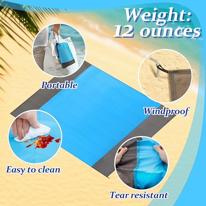 Large Beach Blanket Sandproof - 1PCS Beach Mat Picnic Blanket for Holiday Traval Beach Vacation Picnic Camping Hiking Lightweight with 4 Metal Stakes 1 Drawstring Pocket and 1 Carabiner