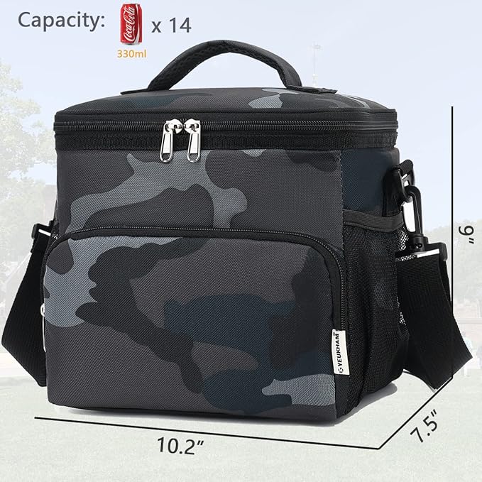 Insulated Reusable Lunch Bag Adult Large Lunch Box for Women and Men with Adjustable Shoulder Strap,Front Zipper Pocket and Dual Large Mesh Side Pockets,Black Camo