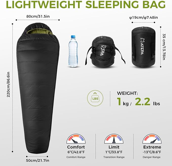 ATEPA Down Sleeping Bag for Adults, 650FP Recycled Mummy Cold Weather Ultralight 3 Season Waterproof Compact Packable Sleeping Bag with Stuff Sack & 15D Nylon Shell for Backpacking Camping Hiking