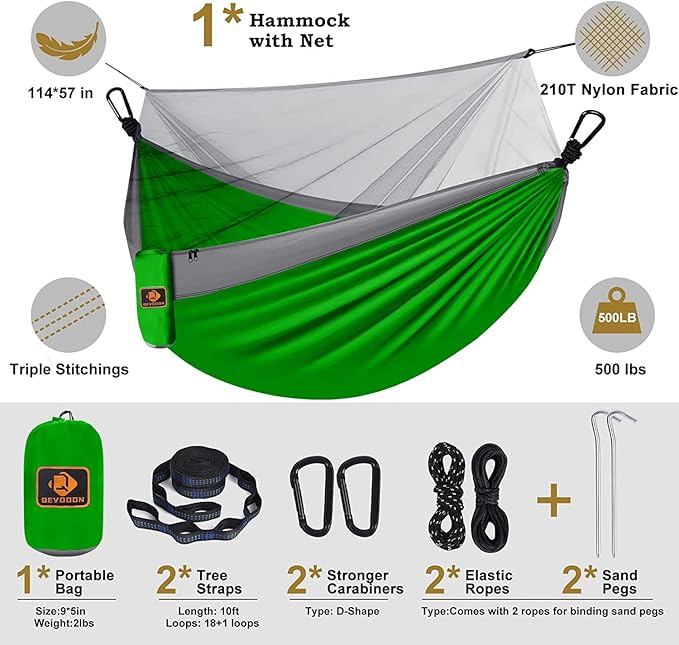 Camping Hammock with Net,Portable Lightweight Double Hammocks with Tree Straps and Solid D-Shape Carabiners,Parachute Nylon Hammock for Backpacking Beach Backyard Patio Hiking Green&Grey