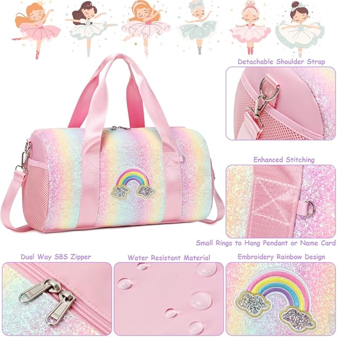 Ballet Dance Bag for Girls Dancers Shiny Rainbow Glitter Sports Duffle Bag for Kids Girls Ballerina Duffle with Shoulder Strap and Waterproof Wet Pocket
