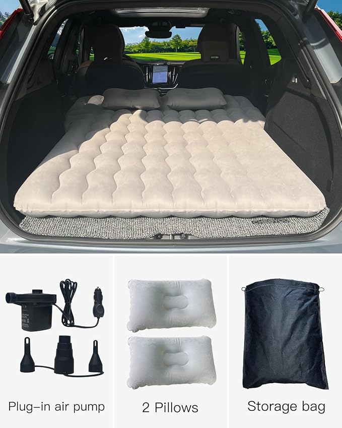 SUV Air Mattress, Inflatable Car Mattress Bottle and Phone Holder Thickened Flocking & PVC Surface Car Bed with Electric Air Pump Travel Mattress for Car Camping Road Trip (Grey)