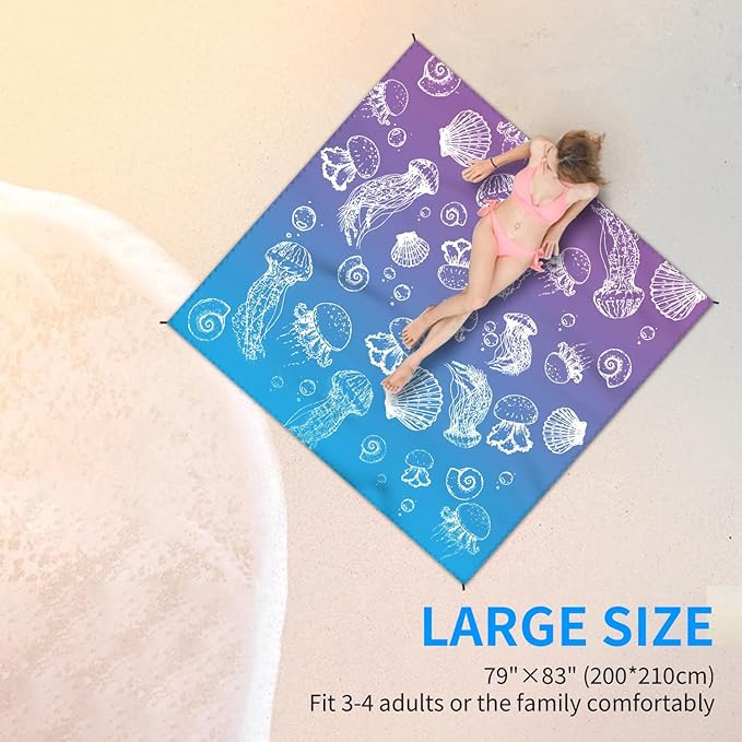 Beach Blanket Waterproof Sandproof Large Beach Mat 79" X 83" for 2-4 Adults Sand Free Mat Quick Drying,Durable with 4 Stakes & 4 Corner Pockets for Beach Travel Camping Hiking.(Purple)