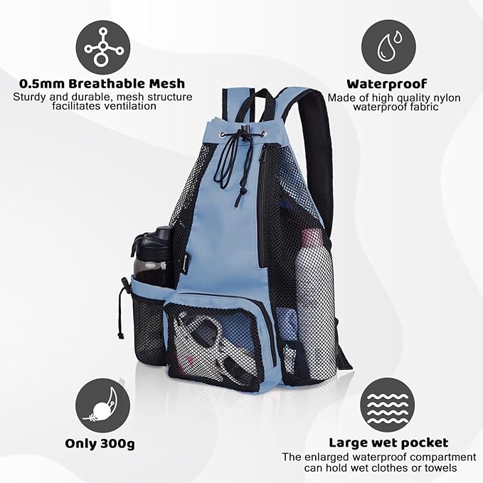 Swim Bag Beach Backpack with Padded Shoulder Strap Mesh Backpack with Wet Pocket for Swimming, Gym