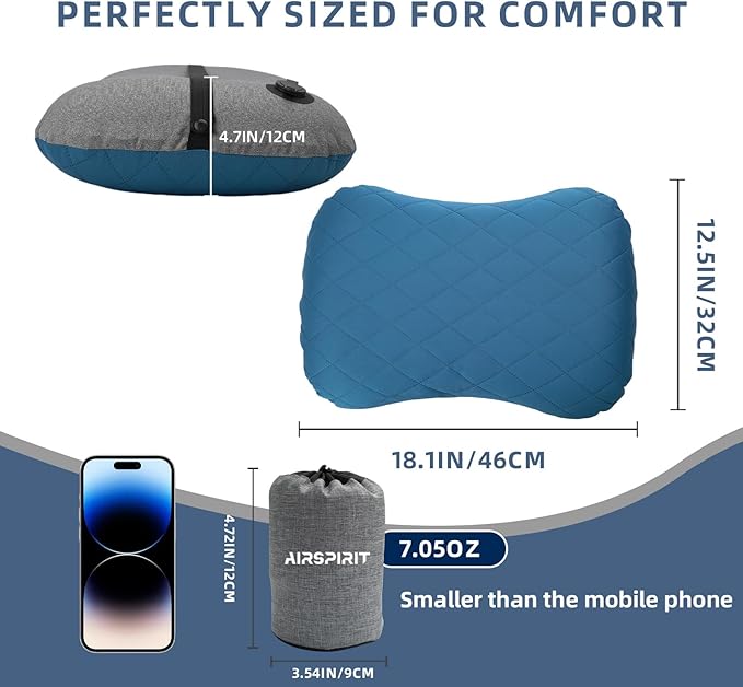 Inflatable Camping Pillow Ultralight Adjustable Firmness, TPU Travel Pillow for Neck & Lumbar Support, Hiking, Backpacking, Airplane, Car Travel & Beach with Removable Washable Cover (Blue)