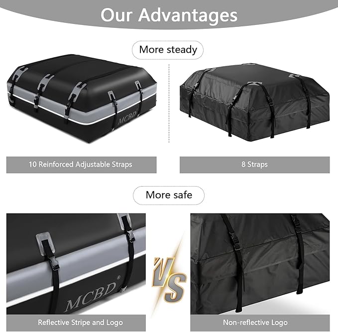 Rooftop Cargo Carrier, 21 Cubic Feet Soft-Shell Waterproof Car Roof Luggage Bag for All Vehicles SUV with/Without Rails, Includes 10 Reinforced Straps + 6 Door Hooks,Storage Bag,Anti-Slip Mat
