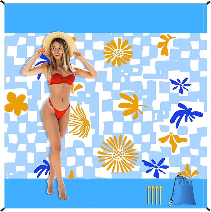 Sandproof Waterproof Beach Blanket, 80"x80" Large Beach Mat for 4-6 Adults, Lightweight Quick Dry Windproof Picnic Mat