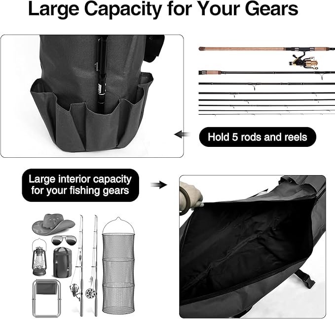 DONQL Fishing Rod Bags Outdoor Fishing Pole Holders Multifunction Camping Portable Canvas Backpack Case Fish Rod Storage Bag Fishing Rod Case Holding 5 Poles & Fishing Tackles (Black)