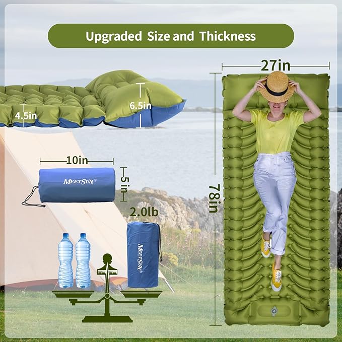 MEETSUN Self Inflating Sleeping Pad,50D Poly Pongee Fabric,Wear-Resistant,Camping Mattress Pad with Pillow,Built-in Foot Pump,4.5" Thick Lightweight Sleeping Mat for Floor,Camping,Backpacking,Tent.