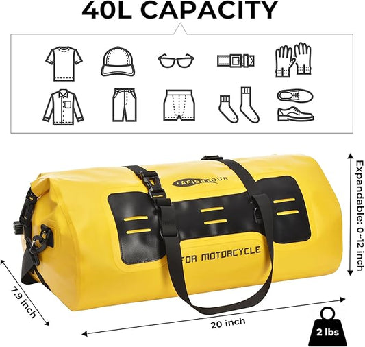 40L Waterproof Motorcycle Duffel Bag - Motorcycle Luggage Tail Bag with Straps for Back Seat - Roll Top Dry Bag for Kayaking, Rafting, Boating, Camping, Travel, Beach (Yellow)