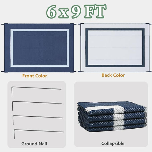 Ogrmar 6x9 FT Reversible Mats, Outdoor Rug for Patio Clearance, Waterproof Carpet, Plastic Straw Rug for Indoor Outdoor, Floor Mat&Rug for RV Porch Camping Backyard Deck Balcony Beach Trailer (Blue)