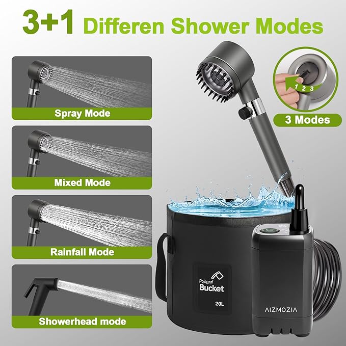 Rechargeable Camping Shower Pump, 9000mAh Portable Shower for Camping, 4 Sprayer Modes Electric Outdoor Shower Head IPX7 Waterproof USB Battery Powered Kit with 5 Gallon Bucket&Foot Pad