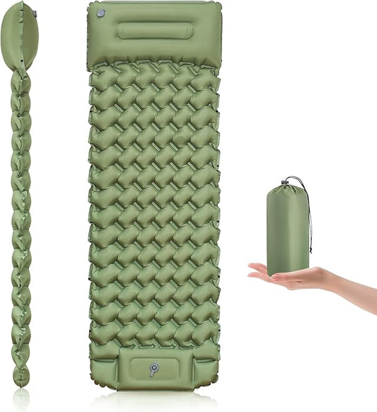 Sleeping Pad for Camping - 4” Thick Inflatable Camping Mattress with Built-in Pump & Pillow, Ultralight Self Inflating Air Mattress, Backpacking Sleeping Mat for Hiking, Olive Green