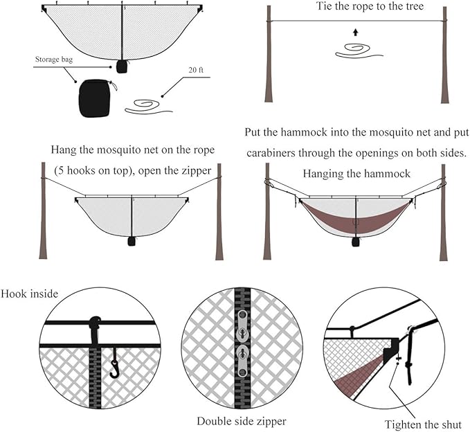 Hammock Bug Mosquito Net XL 11x4.6FT No-See-Ums Polyester Fabric for 360 Degree Protection Dual Sided Diagonal Zipper for Easy Access Fits All Hammocks
