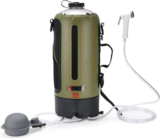 HappyPo Camping Shower - Portable Camping Solar Shower Pump- Shower Bag with Pressure Foot Pump with Temperature Indicator - Camp Water Equipment for Road Travel