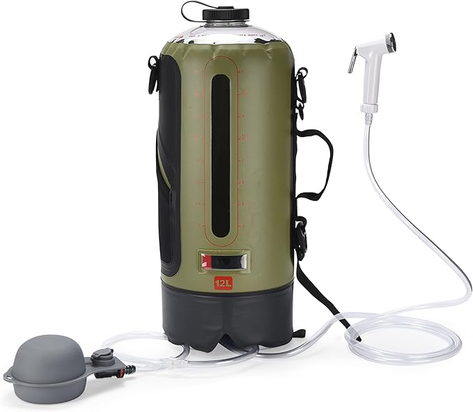 HappyPo Camping Shower - Portable Camping Solar Shower Pump- Shower Bag with Pressure Foot Pump with Temperature Indicator - Camp Water Equipment for Road Travel