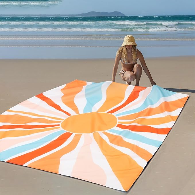 Beach Blanket Waterproof Sandproof, Large Picnic Blankets with Stakes and Storage Bag, Lightweight Quick Drying, Compact Beach Mat Vacation Essentials for Outdoors, Camping, Trips-Summer Sunshine