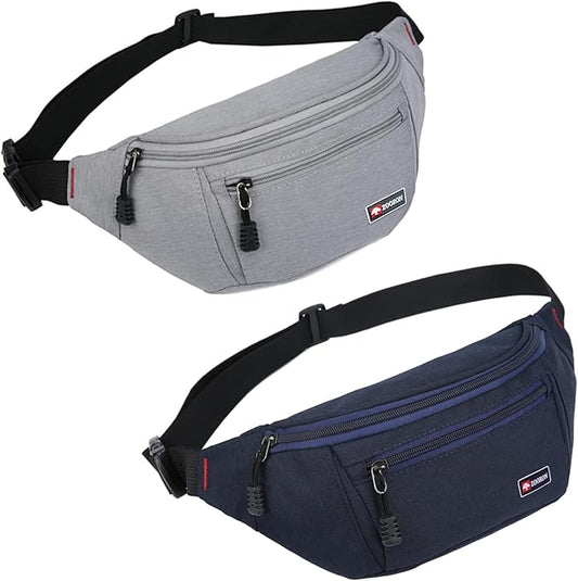 2 Packs Fanny Packs for Men and Women, Water Resistant Sports Waist Pack Bag Hip Bum Bag for Travel Hiking Running (Gray + Blue)