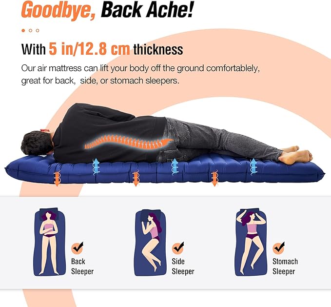 Hikenture Camping Mattress Ultra-Thick 5 Inch,Ergonomic Sleeping Pad with Pillow,Backpacking Sleeping Mat,Ultralight,Inflatable &Compact Camp Air Mattress for Tent,Cot,Hammock(1100-B)