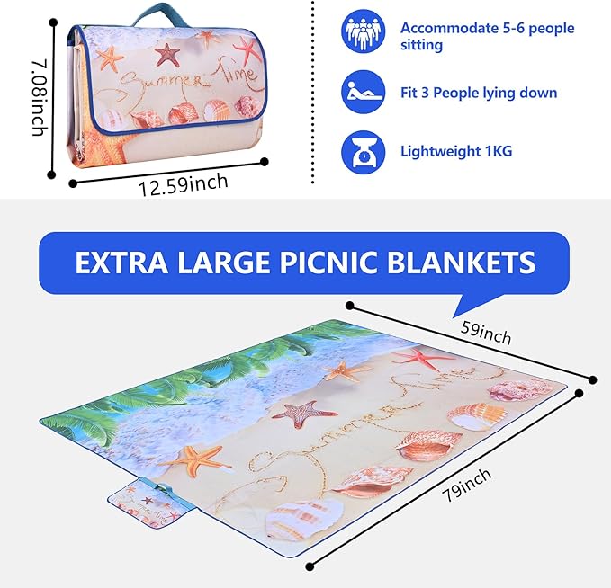 Picnic Blanket, Foldable Waterproof Sand Mat, Extra Large Picnic Blanket Outdoor Picnic Mat Beach Blanket for Park Grass Camping Hiking Travel Family Concerts