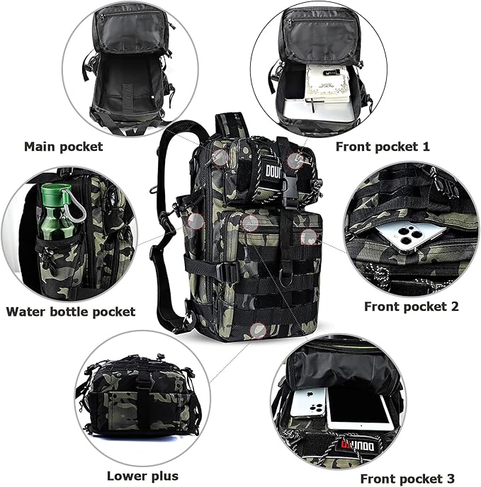 Tactical Backpack Medium EDC DayPack Military Molle Backpacks Bag Outdoor Rucksack for Fishing Hunting Camping (Black CP camo)