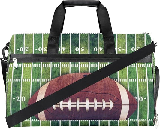 American Football Field And Ball Dry Wet Depart Duffle Overnight Bag with Shoes Compartment & Wet Pockets, Water Resistant Weekender Travel Gym Pouch For Swim Gymnastics Ballet Sleepovers