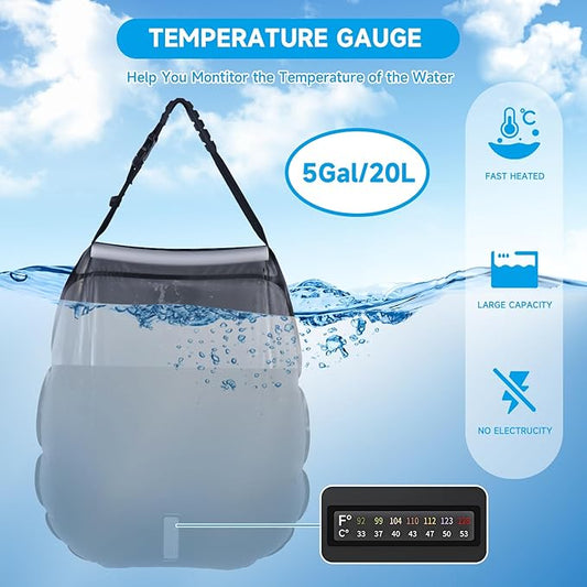 Solar Portable Shower Bag, 5 Gal/20L Solar Heating Outdoor Camping Shower Bag with On-Off Switchable Shower Head&Removable Hose Suitable for Camping, Hiking, Travel, Beach Swimming