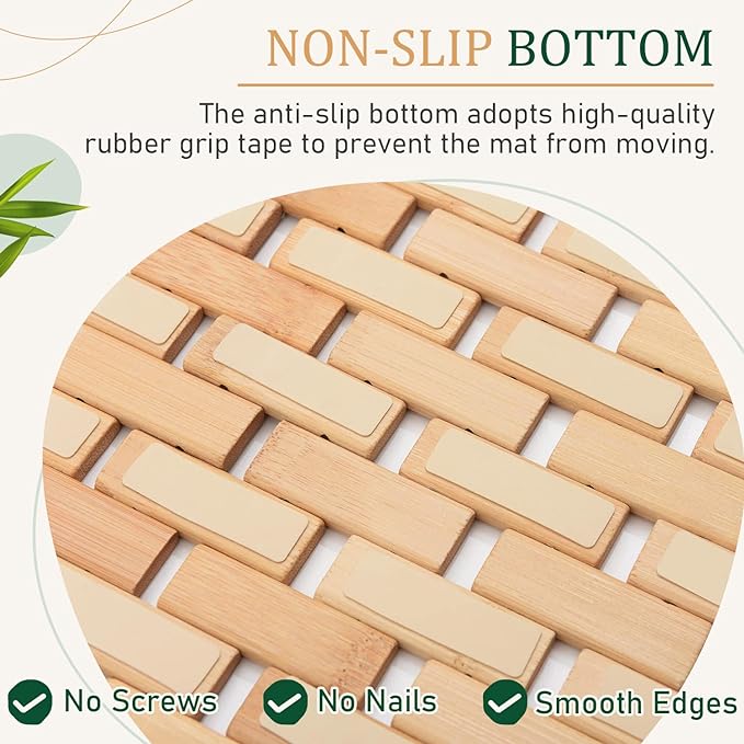 downluxe Bamboo Bath Mat for Bathroom - Waterproof Bamboo Shower Mat Non Slip, Foldable Bathroom Floor Mat for Indoor & Outdoor (Natural Color, 15" X 27", Medium)