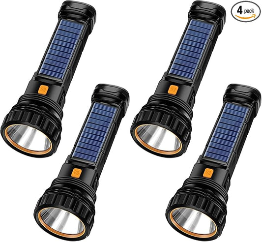 4pcs Solar/Rechargeable Multi Function 1000 Lumens LED Flashlight, with Emergency Strobe Light and 1200 Mah Battery, Emergency Power Supply and USB Charging Cable, Fast Charging (4PC)