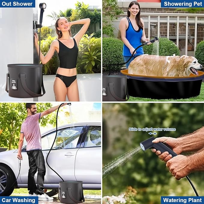 Portable Camping Shower Pump, 5 Speed Mode, 8000mAh Rechargeable Shower Pump, 4 Mode Shower Head and 20 L Foldable Bucket, Camp Shower for Hiking,Travel Beach, Pet Bath, Car Washing