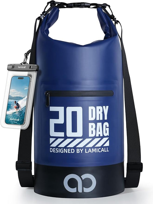 Lamicall Dry Bag Waterproof Backpack - [Zippered Pocket] 10L/20L Roll Top Waterproof Bag with Water proof Phone Case, Floatable Drybag for Swimming, Boating, Kayaking, Camping, Beach