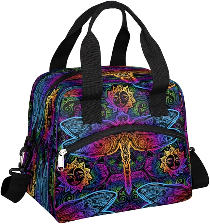 Bohemian Colorful Insulated Lunch Bags for Women Men Ethnic Dragonfly Reusable Lunch Box Shoulder Strap Tote Lunch Bag Cooler Thermal Bag for School Work Travel Office Picnic Girls Boy Adult