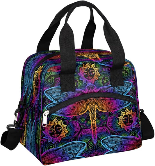 Bohemian Colorful Insulated Lunch Bags for Women Men Ethnic Dragonfly Reusable Lunch Box Shoulder Strap Tote Lunch Bag Cooler Thermal Bag for School Work Travel Office Picnic Girls Boy Adult