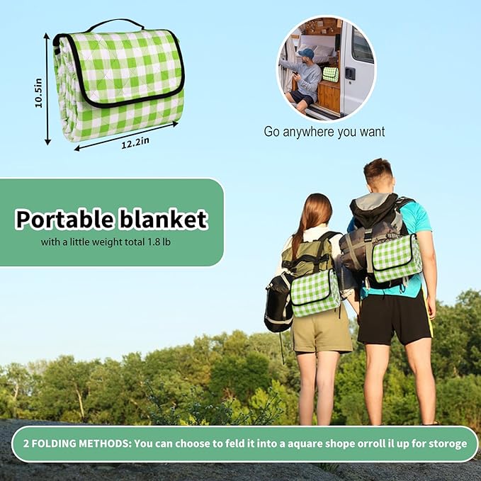 Picnic Camping Blankets, 3 Layers Thick Soft Gingham Blanket, Large 59X79IN Foldable Waterproof Rug, Portable Outdoor Mat for Beach Grass Hiking Park Travel, Sandproof, Machine Washable-Green