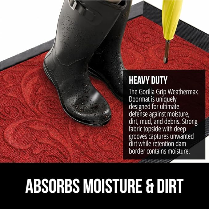 GORILLA GRIP 100% Waterproof All-Season WeatherMax Doormat, Durable Natural Rubber, Stain and Fade Resistant, Low Profile, Indoor Outdoor Doormats, Easy Clean Patio Entry Mat, 17x29, Red Vintage Wine