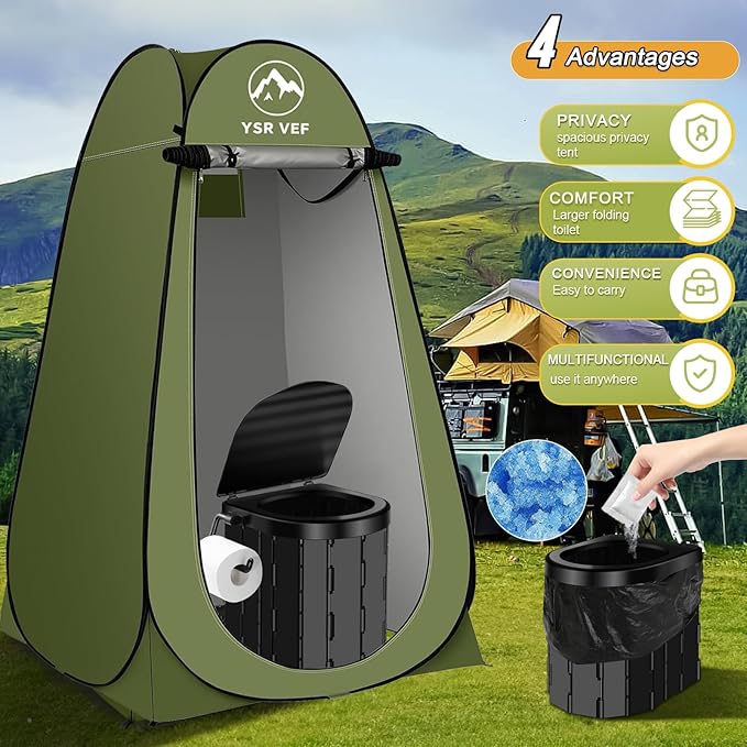Portable Toilet Kit, Camping Toilet with Pop-Up Privacy Tent and Poo Gel Toilet Bags, Washable Portable Outdoor Showers Changing Rooms