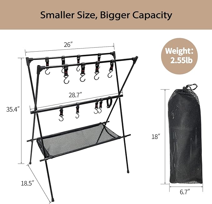 Sutekus Cookware Hanging Rack Collapsible Multifunction Camping Stand Outdoor Tools Hanging Organizer with Hooks (Large(40"X38"))
