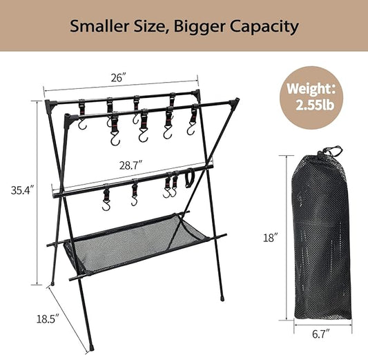 Sutekus Cookware Hanging Rack Collapsible Multifunction Camping Stand Outdoor Tools Hanging Organizer with Hooks (Large(40"X38"))