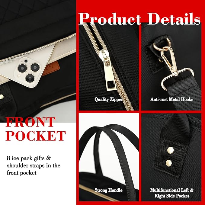 Lunch Bag Women Insulated Lunch Box for Adults - Leakproof Large Purse Lunch Tote Bags for Women with Adjustable Shoulder Strap Zipper Side Pockets for Work