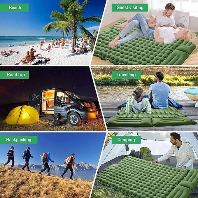 Double Sleeping Pad, Self-Inflating Sleeping Pad for Camping, Camping Sleeping Pad with Built-in Pump, 4" Extra Thickness Inflatable Sleeping Mat, Twin Air Mattress for Traveling (Green)