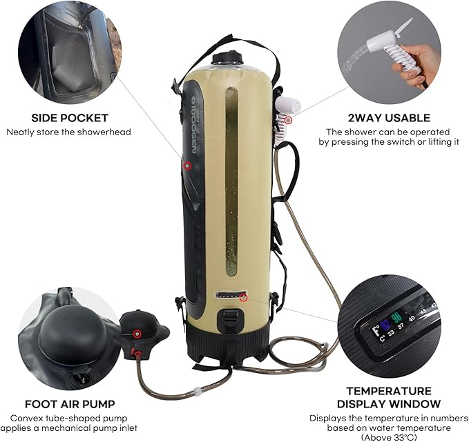 Portable Shower-20L/5.28 Gallons Camping Shower Bag, Beach Shower with Foot Pump, Temperature Display, Detachable Strap - Ideal for Camping, Beach, Travel, Outdoor Activities