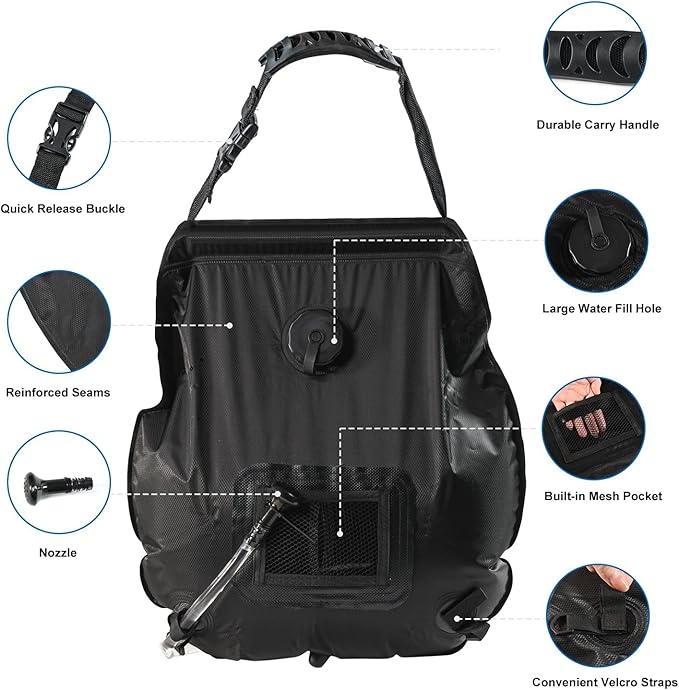 Camping Shower Bag, Solar Shower Bag 5-Gallon with Detachable Hose, Retractable Head Switch - Portable Shower for Camping Suitable for Camping, Hiking, Travel, Beach Swimming