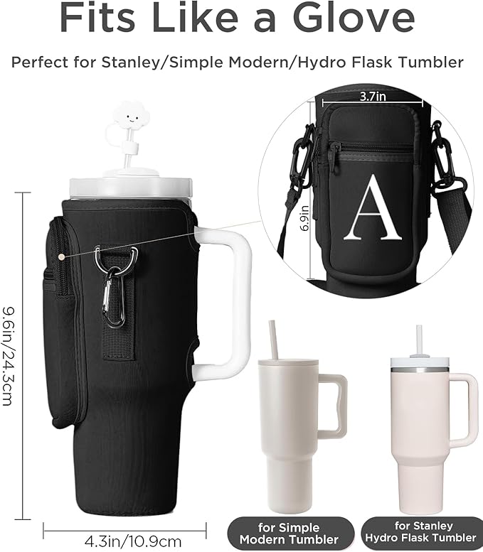 dabria Initial A-Z Water Bottle Bag with Phone Pocket for Stanley 40 oz Tumbler Neoprene Water Bottle Holder Pouch with Adjustable Strap Bollus with Straw Cover & Carabiner for Stanley Cup Accessories